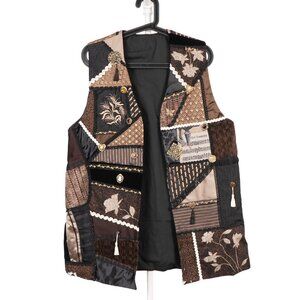 Patchwork Vest M Floral Piano Black Buttons Brooch Tassels Art to Wear Lagenlook